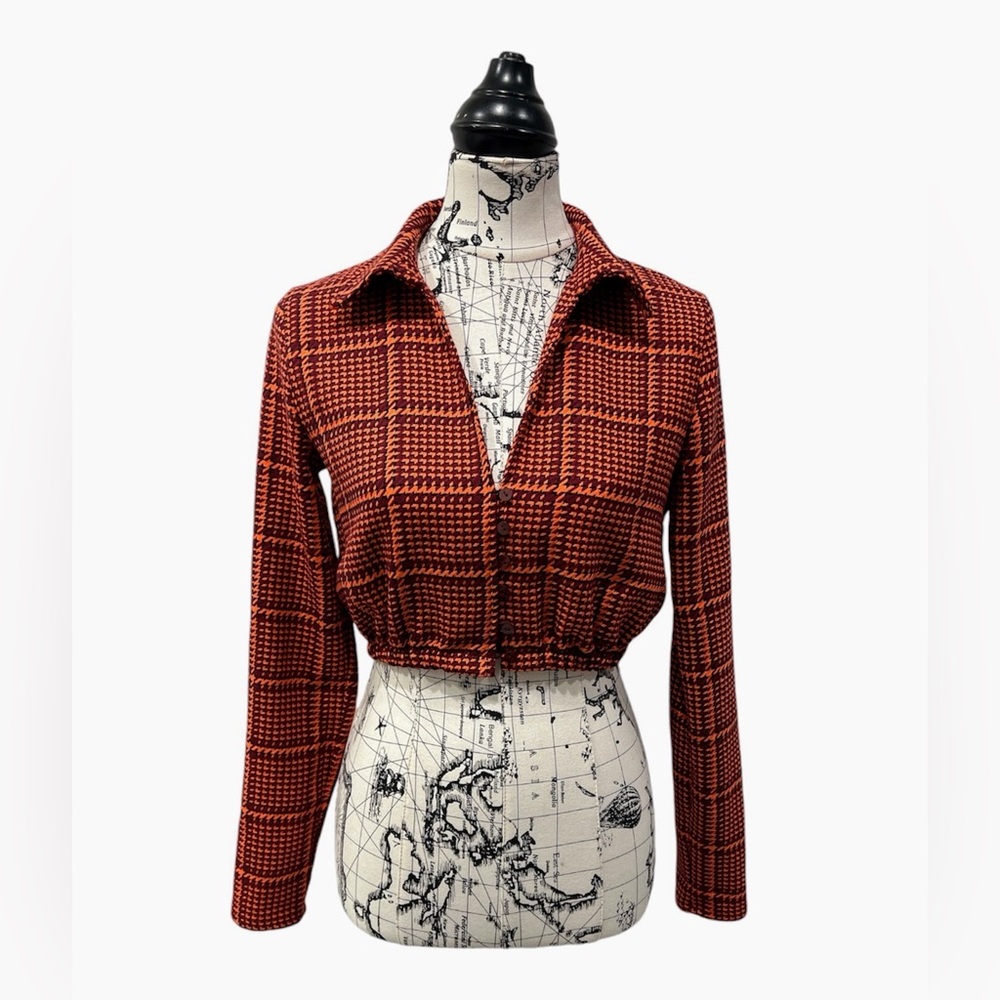 ZARA Orange Burgundy Purple Houndstooth Plaid Print Long Sleeve Cropped Top M